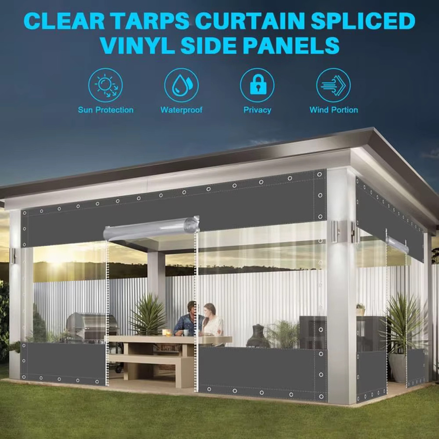 Wasserdichte Vinyl-Vorhänge mit Reißverschluss und Ösen, transparente PVC-Plane für Veranda, Pergola und Pavillon, Grau - Bild 3