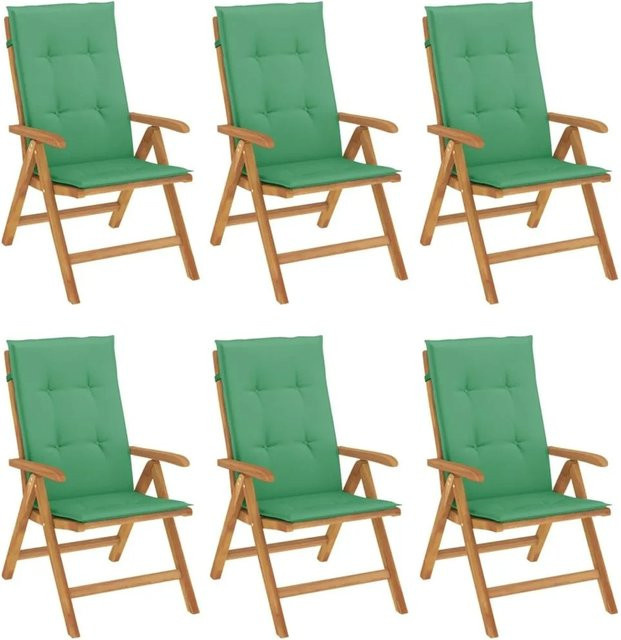 vidaXL Gartenstuhl-Set aus Teakholz mit grünen Kissen, 6 Stück - Bild 1