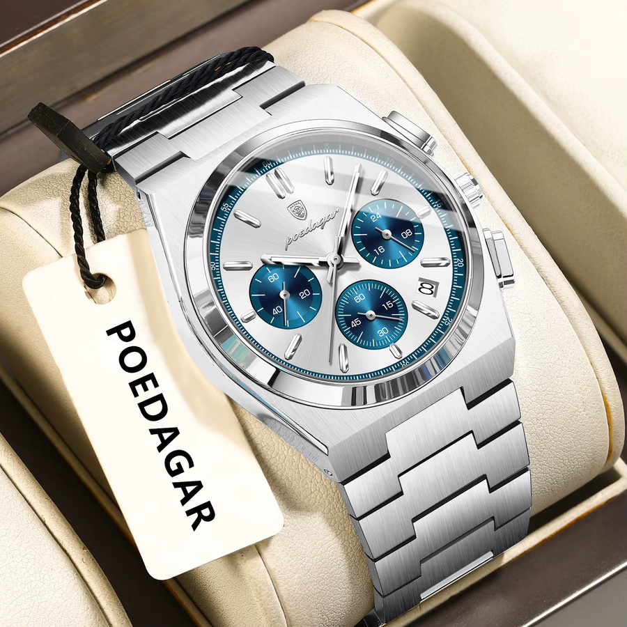 POEDAGAR Armbanduhr Chronograph, Quarz, Edelstahl, Blau, Herren - Bild 2