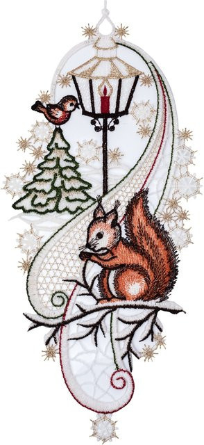 Plauener Stickerei Fensterbild mit Weihnachts- und Wintermotiven in Weiß und Gold - Bild 1