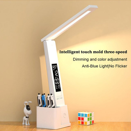 Feimefeiyou Dimmbare LED Schreibtischlampe mit Uhrenfunktion und Stifthalter in Weiß, Faltbares Leselicht mit Touch-Schalter und USB-Aufladung