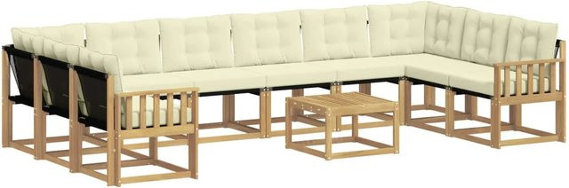 vidaXL Outdoor-Sofagarnitur L-Form aus massivem Akazienholz mit 11 Kissen in Weiß und Beige - Bild 1