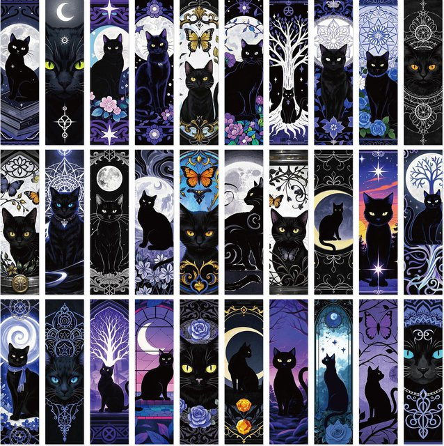 30 Stück Gothic Lesezeichen aus Papier mit Black Cat und Moon Design in Schwarz für Buchliebhaber - Bild 1