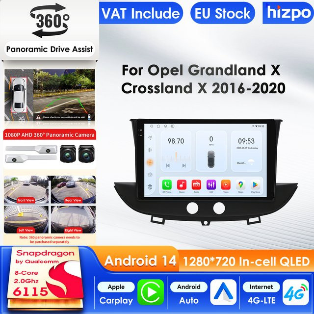 Hizpo Android 14 Auto-Multimedia-Player für Opel Grandland X 2016 - 2020 und Crossland X, 9 Zoll Bildschirm, 4G AI Intelligentes Autoradio mit 360 Cam, Schwarz - Bild 1
