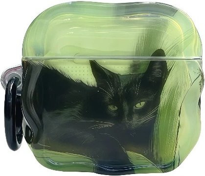 Glänzende Katzenkopfhörerhülle in Mintgrün und Schwarz für Apple AirPods (kompatibel mit AirPods 1, 2, 3, 4, Pro, Pro 2, Pro 3) inklusive schwarzem Schlüsselring - Bild 1