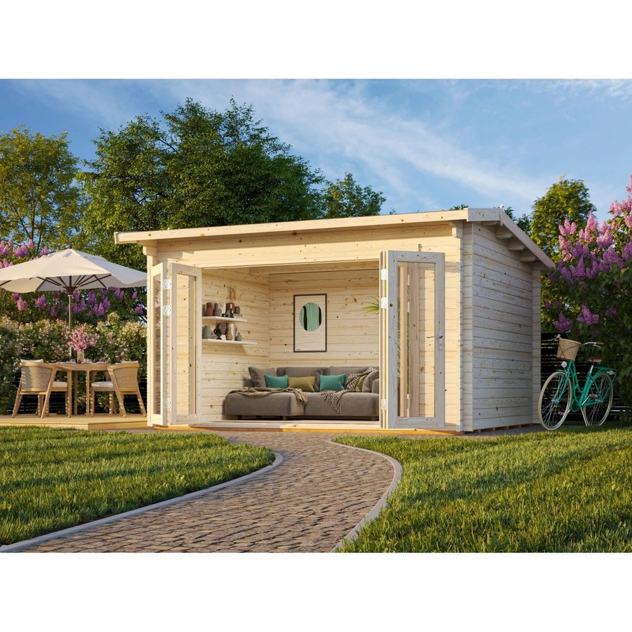 Palmako Gartenhaus Ines Bifold aus Blockbohlen in Grau-Weiß, B/T: 390 x 300 cm - Bild 2