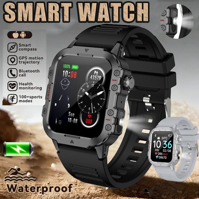 Ola Esporte Outdoor-Smartwatch mit LED-Taschenlampe, IP68 wasserdicht, Herzfrequenz- und Blutsauerstoffüberwachung, Multi-Sport-Modus, in Schwarz oder Weiß - Bild 1