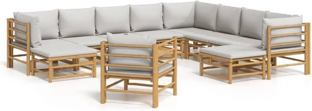 vidaXL 12-tlg. Garten-Lounge-Set aus Bambus mit grauen Polstern in U-Form - Bild 1