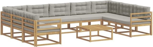 vidaXL Outdoor-Sofagarnitur aus massivem Akazienholz mit 10 Kissen in Weiß und Hellgrau - Bild 1
