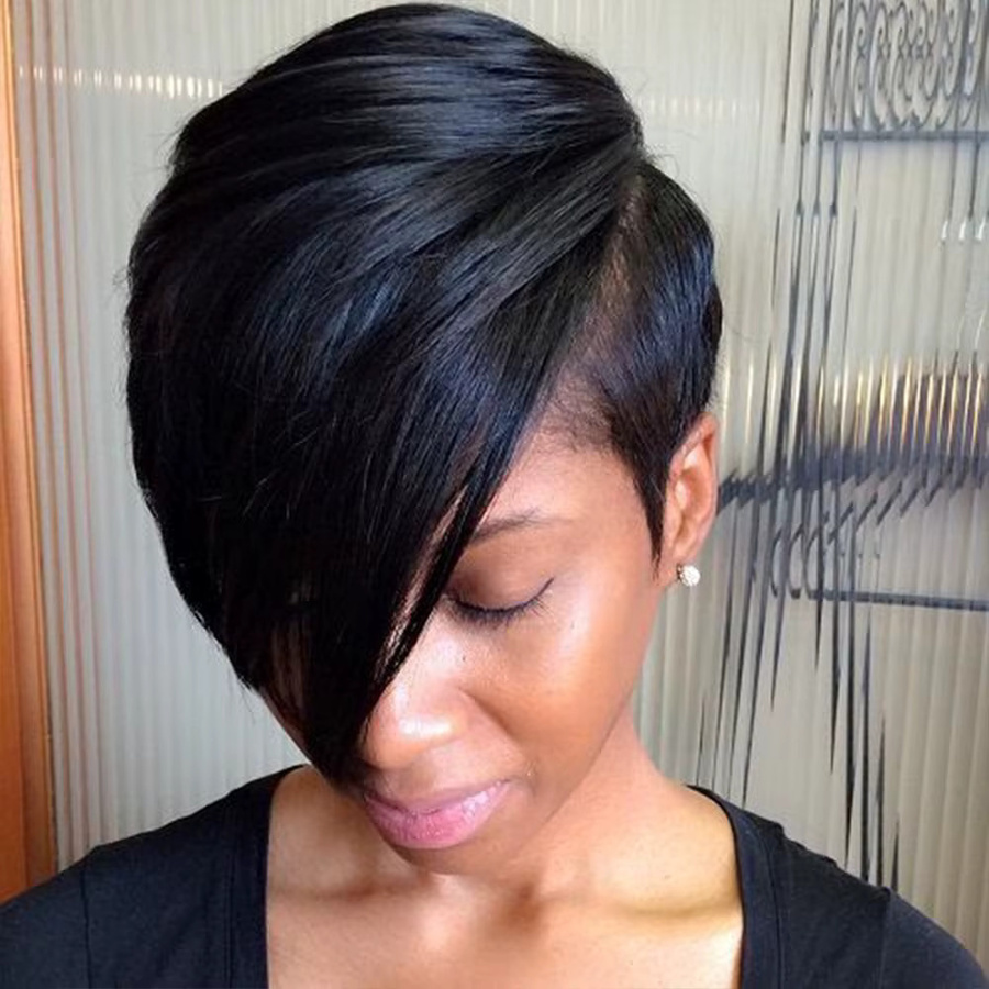 OYM HAIR Pixie-Schnitt-Perücke aus Echthaar, geschichtet, mit langem Pony - Bild 3