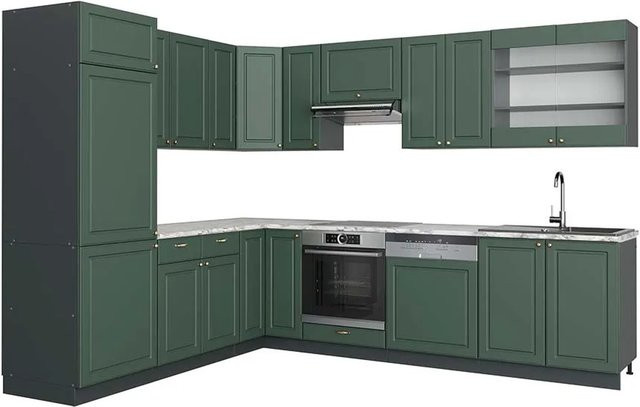 Vicco Fame-Line Eckküche im Landhausstil in Grün-Gold und Anthrazit mit Marmor-Optik, B/T/H: 227 x 287 x 82 cm - Bild 1