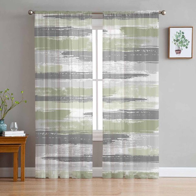 Transparente Vorhänge mit geometrischem Linienmuster in Salbeigrün von Household supplies MH, Tüll Voile Organza für Wohnzimmer und Küche, Breite: 135 cm, Höhe: 160 cm - Bild 1