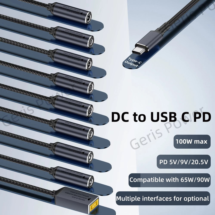 Geris Power USB C auf DC Netzteilkabel 100 W Schnellladekabel für Lenovo Dell HP Asus Laptop in Schwarz mit Anschlüssen 4,5 x 3,0 mm, 7,4 x 5,0 mm und 5,5 x 2,5 mm - Bild 2