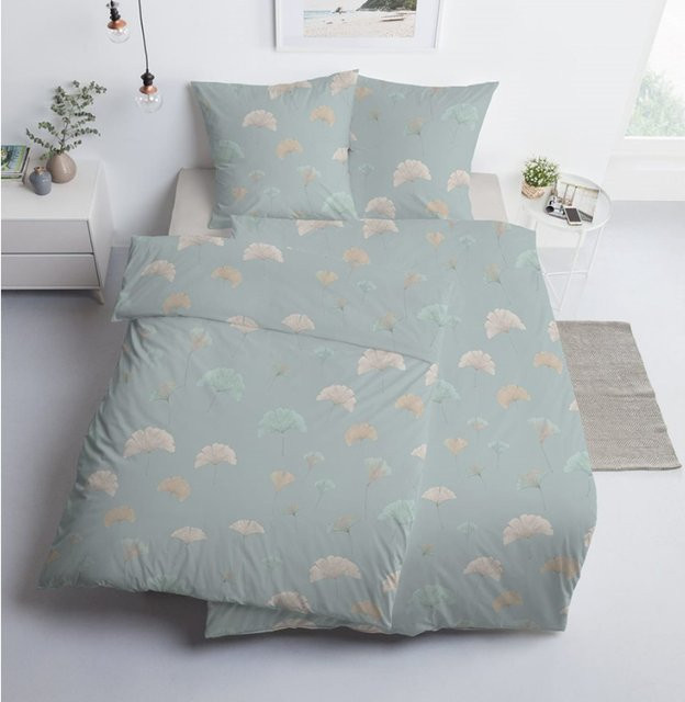 Estella Bettwäsche Ginko in Grün mit floralem Design und bügelfreier Nature-Optik - Bild 1