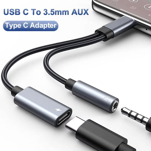 Viesrita 2-in-1 USB-C-zu-3,5-mm-Klinke Audioadapter mit PD 60W Schnellladefunktion in Grau - Bild 1