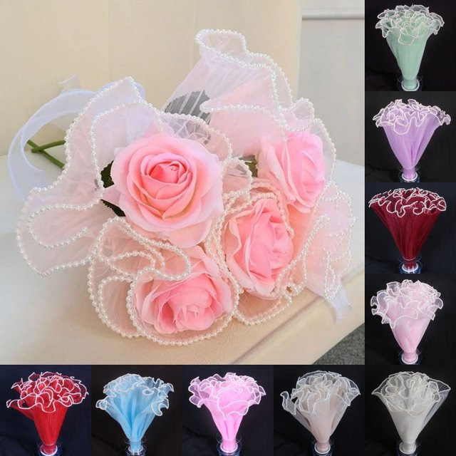 Beiges Spitzen-Verpackungstuch mit Perlen und Wellenmuster für Blumensträuße und Geschenke - Bild 1