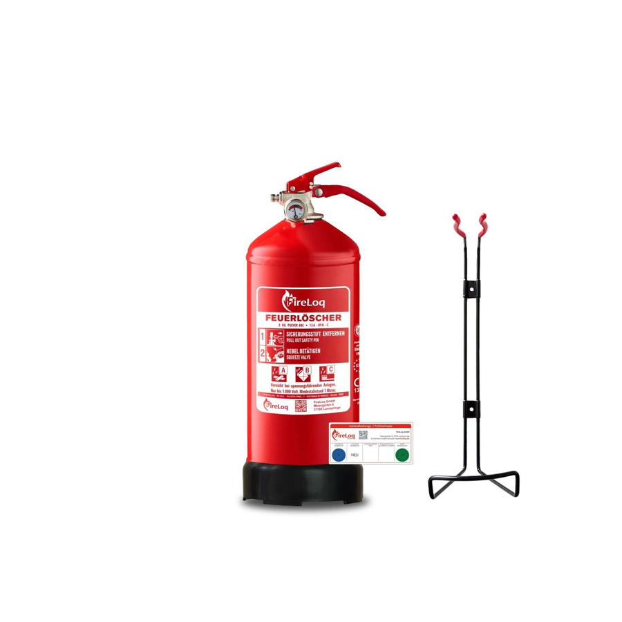 FireLoq Pulverlöscher Rot mit 2 kg Pulver, Brandklassen A B C, inklusive Wandhalterung und Manometer - Bild 2