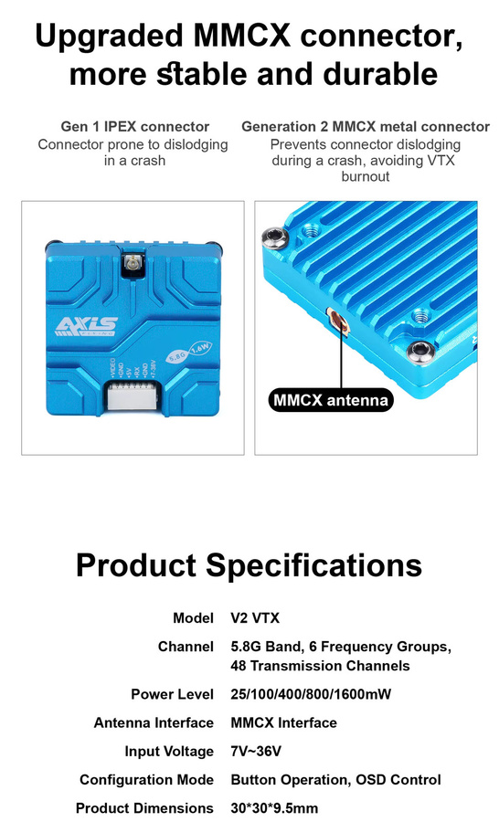Axisflying V2 VTX 5.8G 1.6W CNC-Kühlkörper Analoge Bildübertragung für RC FPV Freestyle in Blau - Bild 2