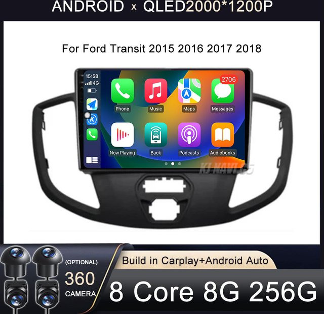 KJ-NAVI Android 16 Carplay Auto-Multimedia-Player mit Navigationssystem für Ford Transit 2015-2018, Schwarz - Bild 1