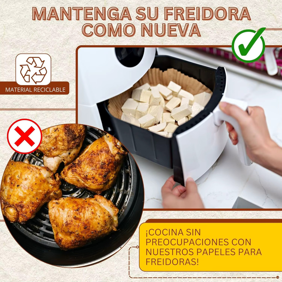 200 Stück Heißluftfritteusenpapier Set aus runden und quadratischen perforierten Einweg-Papieren für Ninja und Cosori, Braun, Durchmesser: 24 cm - Bild 2