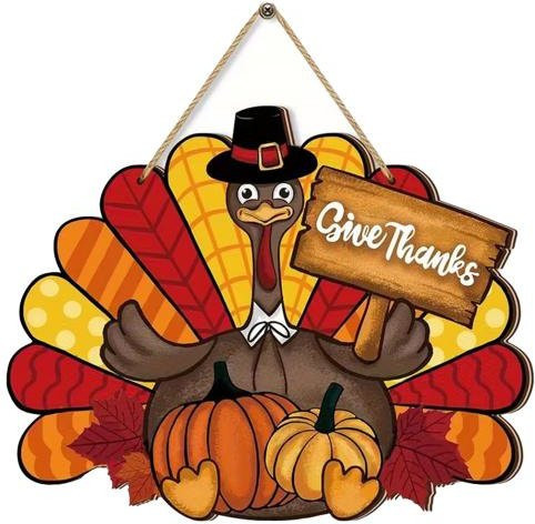 Aunel Thanksgiving Wandbehang aus Holz mit Truthahn, Kürbis und Ahornblättern in Mehrfarbig – Rustikale Farmhaus Herbst Ernte Dekoration - Bild 1