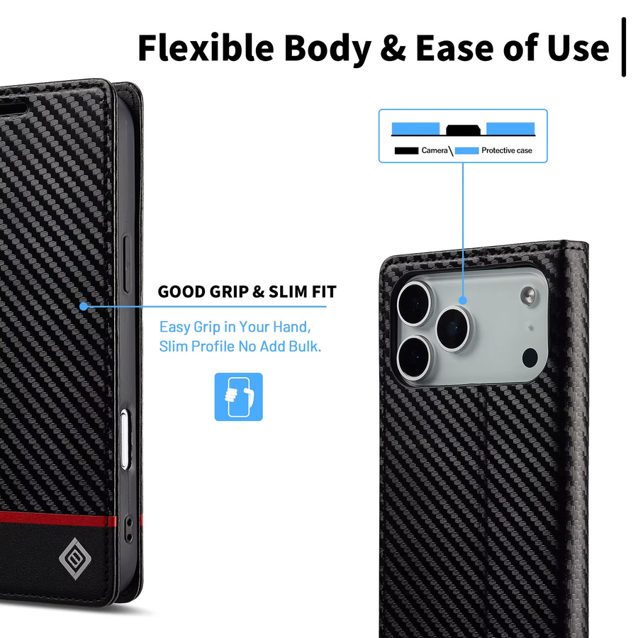 EUCAGR Flip-Hülle aus Carbon-Faser und PU-Leder für iPhone in Schwarz - Bild 2