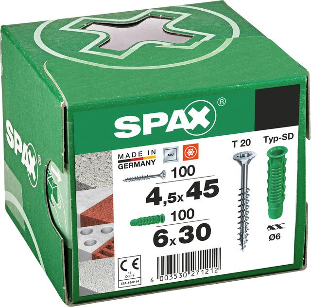 Spax WIROX Dübel-Schrauben-Set mit Spreiz-Dübeln Typ SD 6x30 und Universalschrauben 4,5x45, 200 Teile - Bild 1