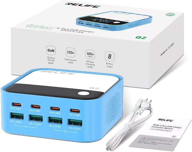 Relife Q2 Ladestation mit 120W und 5A, 4 x USB-A und 4 x USB-C, Blau - Bild 1