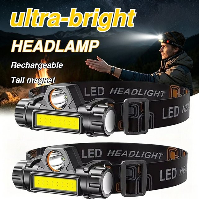 KDULIT Ultrahelle XPE COB LED-Stirnlampe in Schwarz mit Magnet und USB-Wiederaufladung für Outdoor, Camping und Arbeit - Bild 1