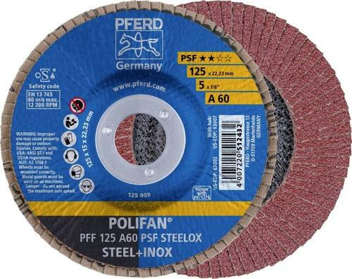 PFERD POLIFAN PSF STEELOX Fächerschleifscheibe für Stahl und Edelstahl, Körnung 60, Durchmesser: 125 mm, Bohrungs-Ø: 22,23 mm - Bild 1