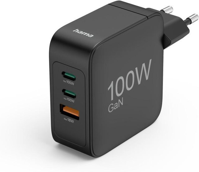 Hama GaN Schnellladegerät mit 100 W, 2x USB-C und 1x USB-A, Schwarz - Bild 1