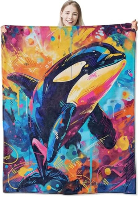 Bunte Orca-Killerwal Flanell-Überwurfdecke mit abstraktem Graffiti-Design, weiche Fleece-Decke für Bett und Sofa, B/B/H: 150 x 120 x 0 cm, Mehrfarbig - Bild 1