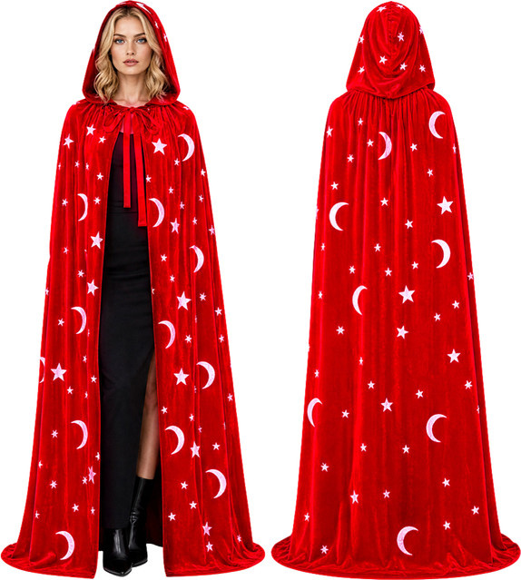 Kapuzenumhang Stern-Mond-Zauberer, Fantasy, Textil, Rot - Bild 1