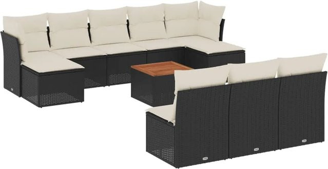 vidaXL 11-tlg. Garten-Sofagarnitur aus PE-Rattan und Akazienholz mit Kissen in Schwarz und Cremeweiß - Bild 1