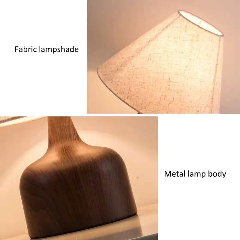 Vecli Nachttischlampe im japanischen Retro-Stil aus Holz und Metall mit warmweißem Stoffschirm für Schlafzimmer und Home-Office, Beige/Weiß - Bild 4
