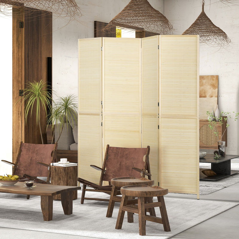HOMCOM Paravent 4-teilig aus Bambus in Natur, faltbarer Raumteiler mit Rattan-Design, H x B x T: 180 x 180 x 180 cm - Bild 2