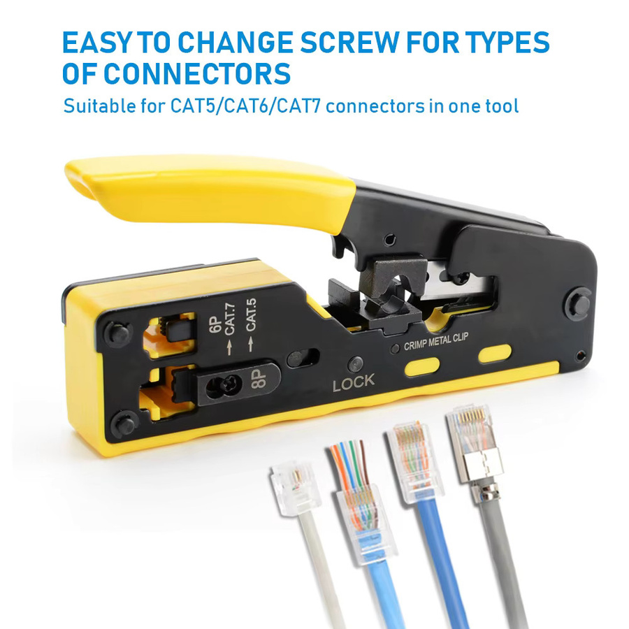 Gelbes RJ45-Crimpwerkzeug-Set mit Ratsche für Cat6 und Cat5 Ethernet-Datenkabel - Bild 5
