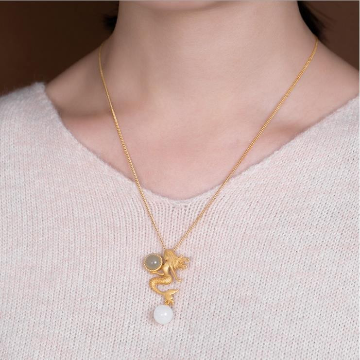 Halskette mit Meerjungfrau-Anhänger, Hetian-Jade, Silber, Gold, Perle, Damen - Bild 4