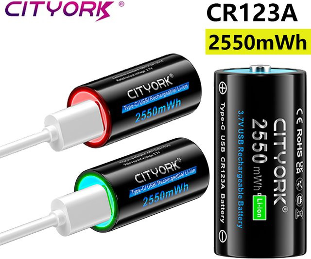 CITYORK CR123A 3,7V Li-Ionen Akku mit USB-C Anschluss, 2550mWh, Schwarz - Bild 1