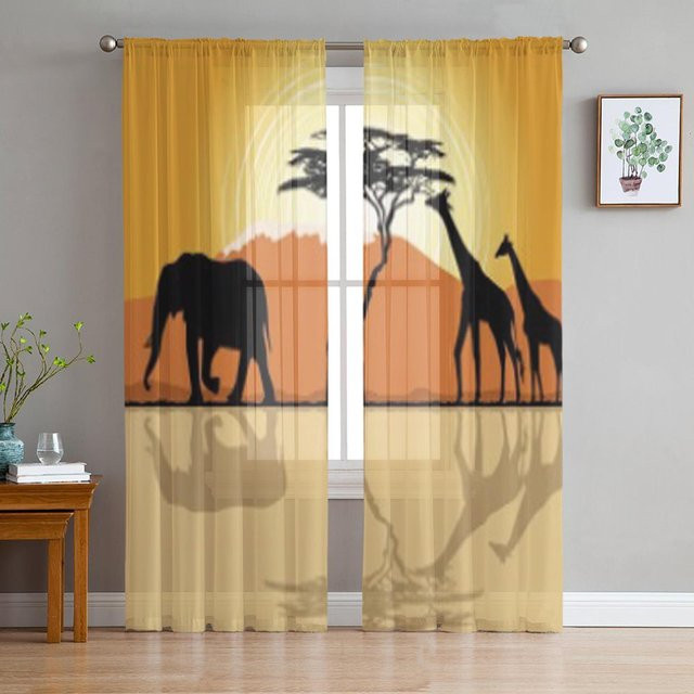 Transparente Voile-Gardine mit afrikanischer Landschaft, Giraffen und Elefanten für Schlafzimmer, Wohnzimmer oder Küche, Breite: 135 cm, Höhe: 114 cm - Bild 1