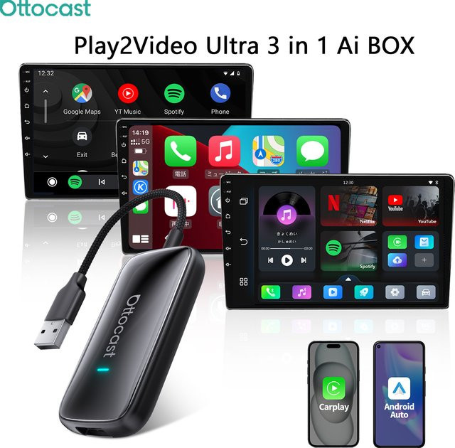 OTTOCAST Play2Video Ultra Video Box 3-in-1 Kabelloser CarPlay und Android Auto Adapter mit YouTube, Netflix und IPTV in Schwarz - Bild 1