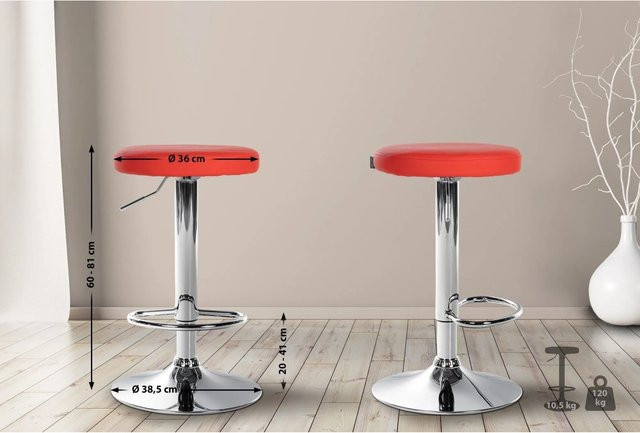 2er Set DELUKE Barhocker KAZON aus Kunstleder in Rot mit silbernem Fuß, höhenverstellbar und drehbar, B/T/H: 38,5 x 38,5 x 60 cm - Bild 1
