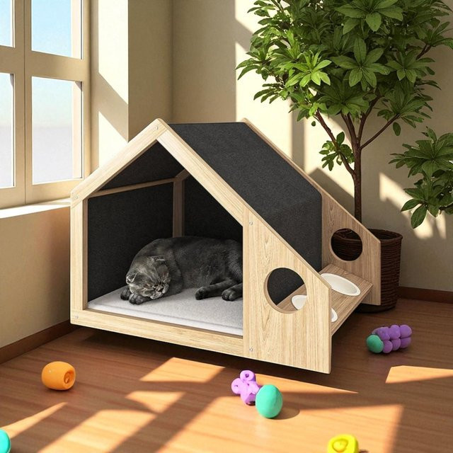 XMSJ Erhöhtes Haustierhaus aus Holz in Braun mit fester Plattform für Katzen - Bild 1