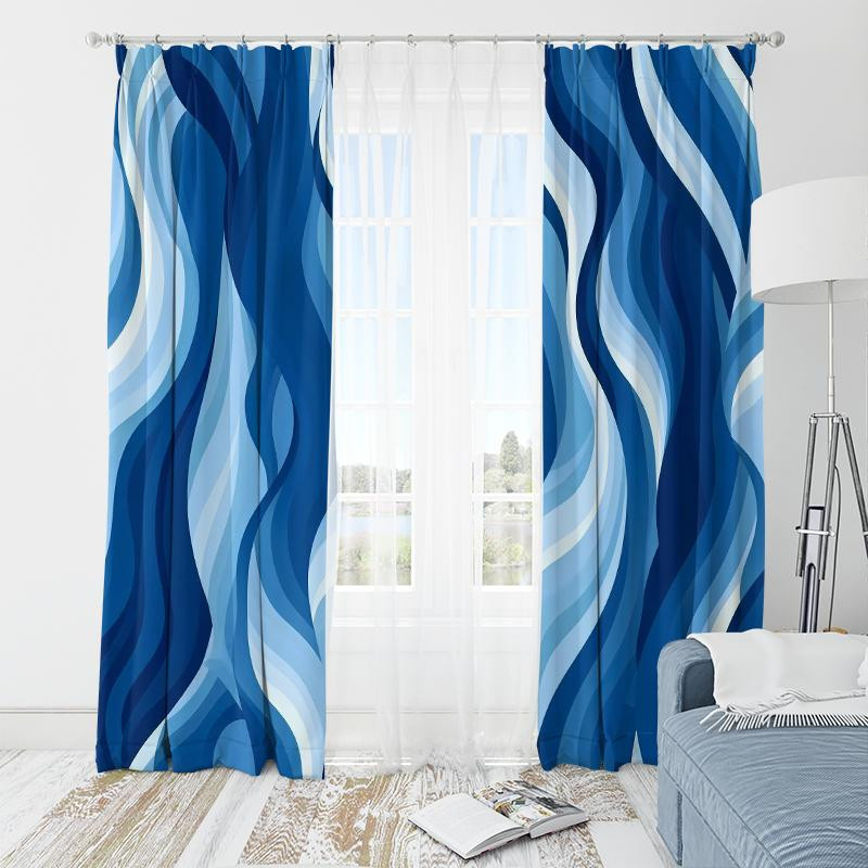 2er-Set Yiran Furniture Vorhänge aus Polyester in Himmelblau, halbtransparent mit Wellenmuster und Stangentaschen, B: 35 cm, H: 100 cm - Bild 3