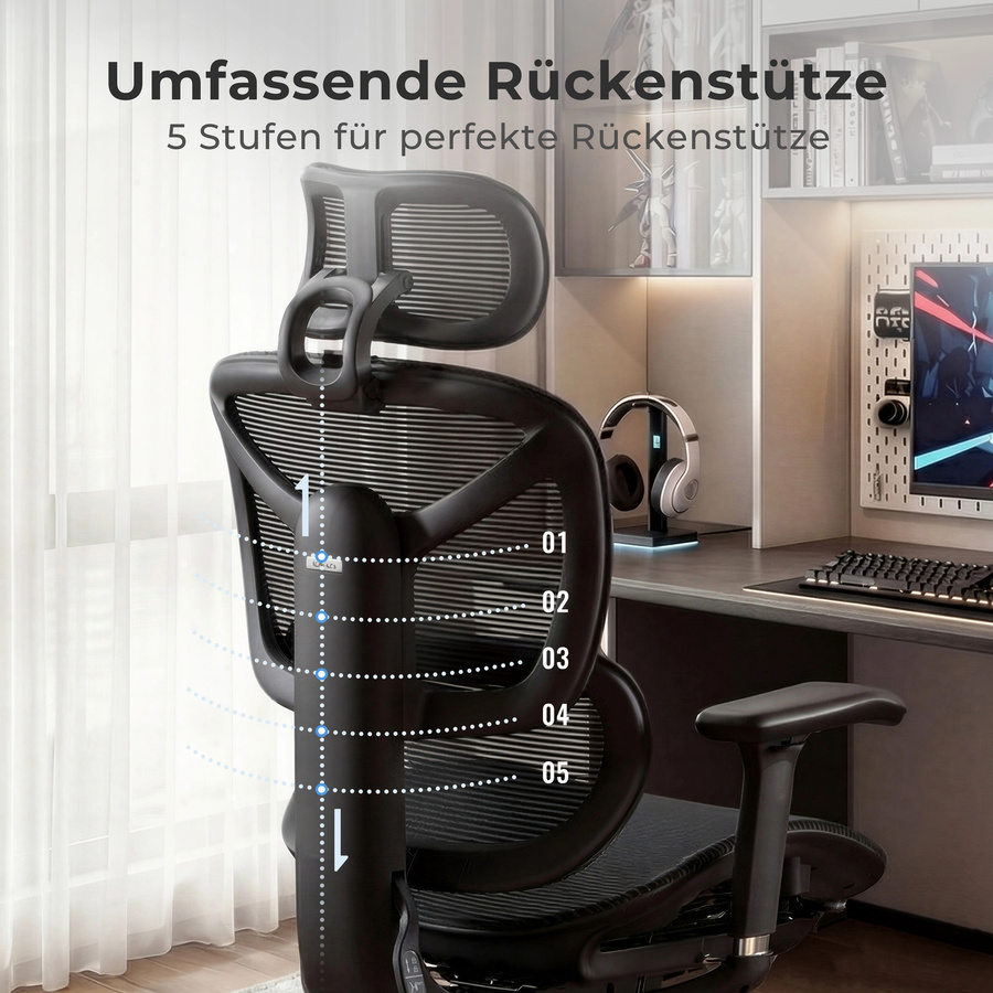 WELAX S9 ergonomischer Bürostuhl in Schwarz mit Netzrücken, hoher Rückenlehne, Lendenwirbelstütze und 4-fach verstellbaren Armlehnen - Bild 5