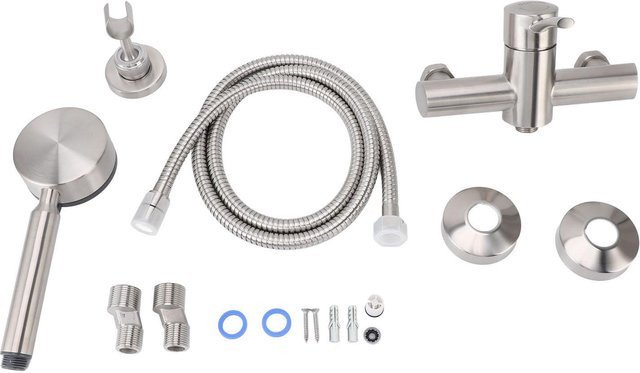 Aimo Duscharmatur-Set aus Edelstahl in Brushed Steel mit Regenbrause und Handbrause, wassersparend und multifunktional - Bild 1