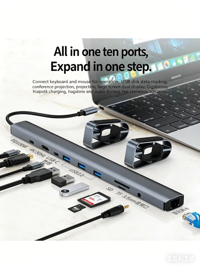 KEBIDUMEI 10-in-1 USB-C Dockingstation in Grau mit 4K HDMI, 100W PD, Ethernet und SD/TF Kartenleser - Bild 7