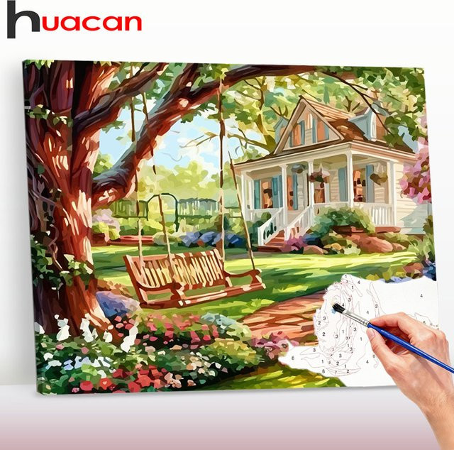 Huacan Malen-nach-Zahlen-Sets Frühlingsgartenhaus, DIY Digitales Ölgemälde, Landschaftsmalerei, Kunsthandwerk zum Selbstgestalten - Bild 1