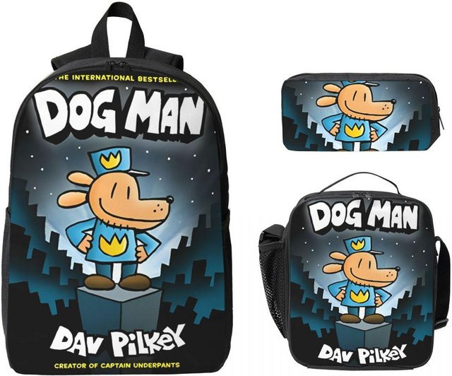 3er Set Dog Man Schultaschen für Kinder mit Rucksack, Federmäppchen und Brotdose in Grau und Multicolour von Fancy Style Studio - Bild 1