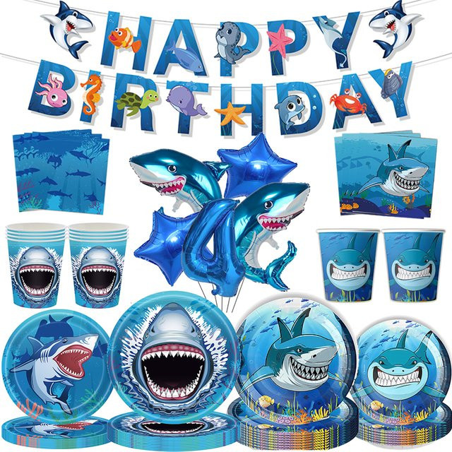 Hai-Partyzubehör, Banner, Ballon, Gastgeschenk zum 4. Geburtstag - Bild 1